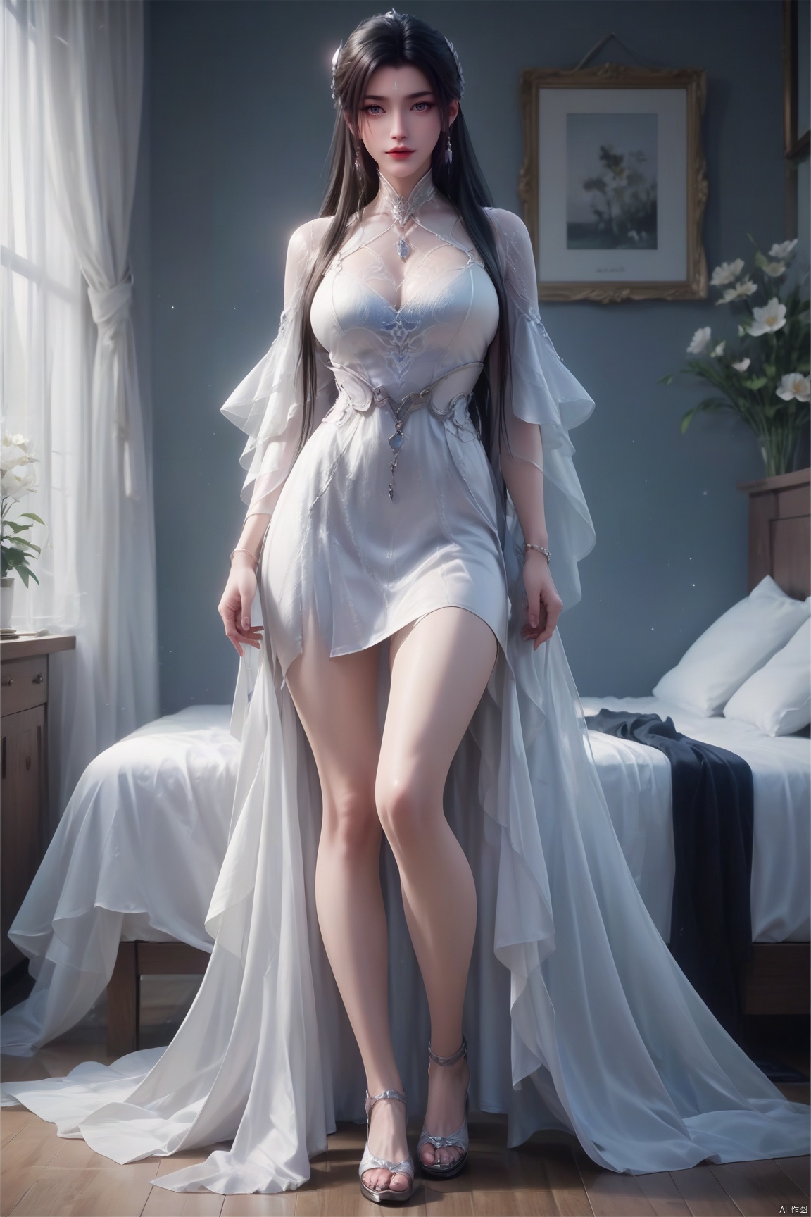 score_9, score_8_up, score_7_up,highly detailed digital,1girl, solo, long hair, breasts, full body,looking at viewer,dress 