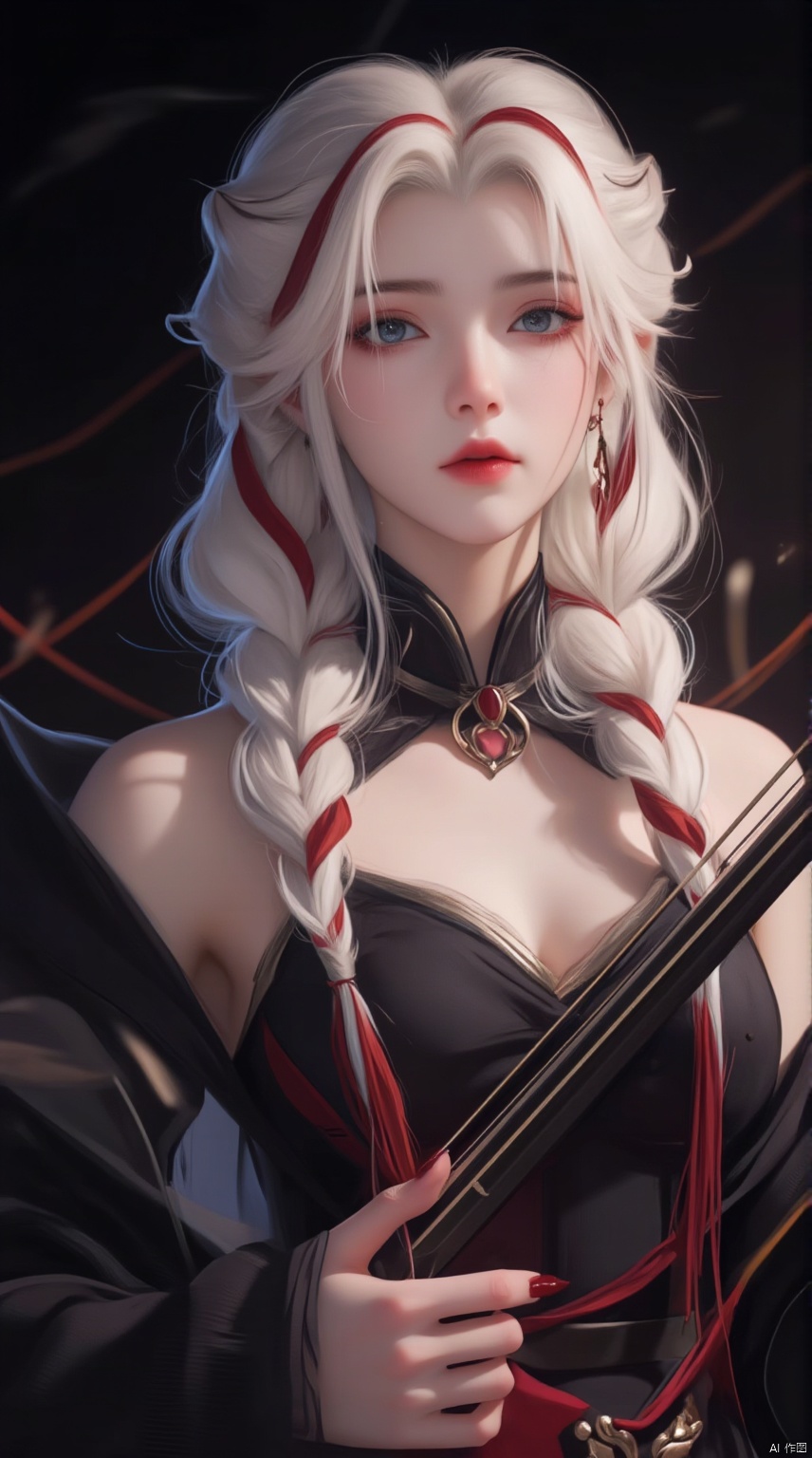 1girl, solo, long hair, looking at viewer, blue eyes, simple background, hair ornament, dress, holding, weapon, braid, white hair, red hair, multicolored hair, twin braids, streaked hair, black background, instrument, red nails