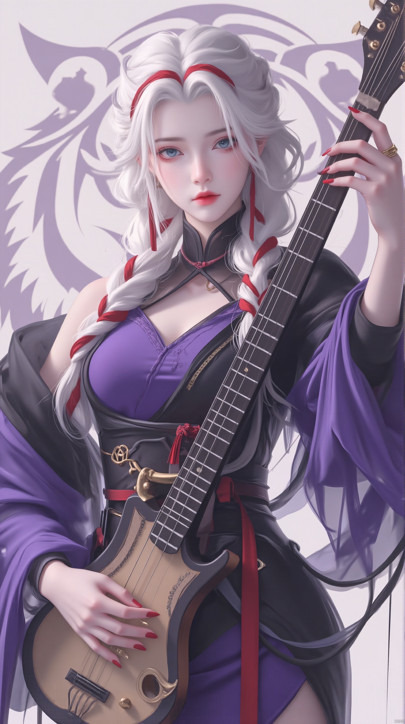 1 girl, alone, long hair, blue eyes, simple background, hair accessories, Purple clothes,clothes, holding, weapons, braids, white hair, red hair, multicolored hair, double braids, striped hair, white tiger background, musical instrument, red nails