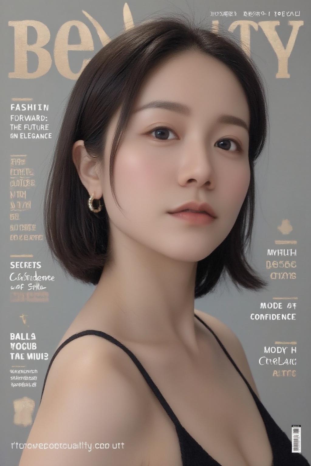 A high-fashion magazine cover featuring a close-up,  upper-body shot of a beautiful Japanese female model with an enhanced...