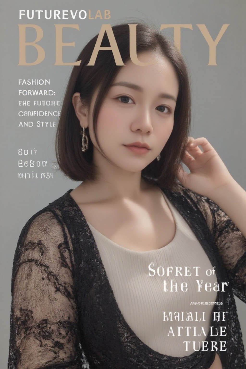 A high-fashion magazine cover featuring a close-up,  upper-body shot of a beautiful Japanese female model with an enhanced...