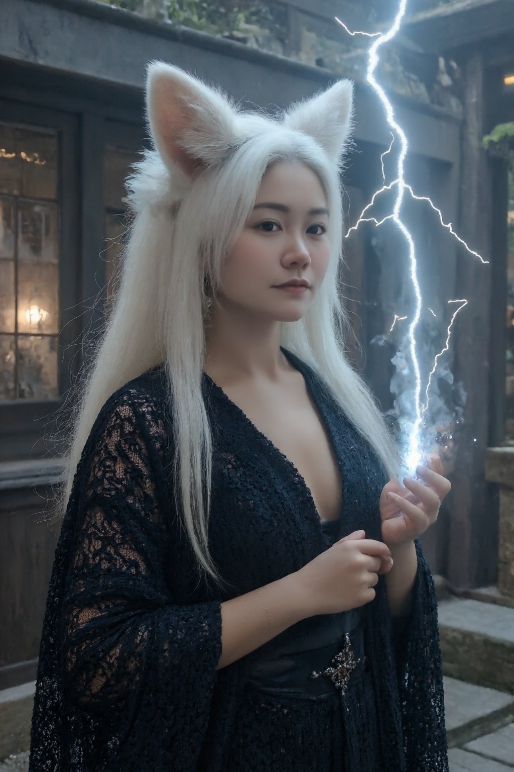 (masterpiece) ,  opulent scene,  A stunning and captivating nine-tailed fox Japanese woman with white long hair on Tensor.Art