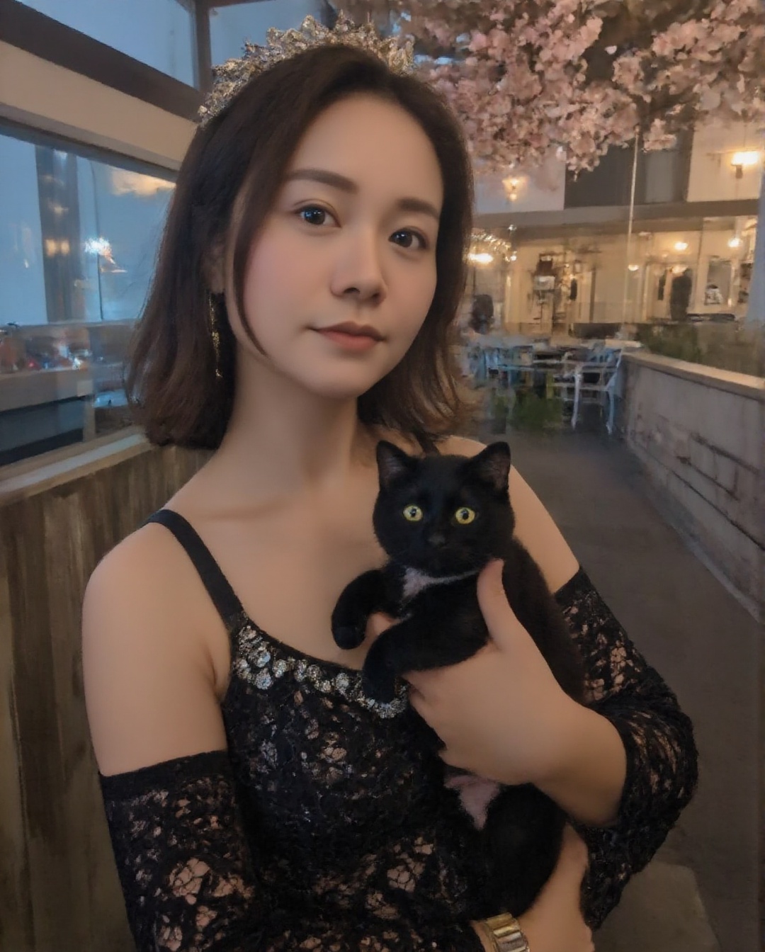 Score_9,  A beautiful woman wearing a Catwoman costume is holding a cute black cat (the black cat has bright eyes,  like a...
