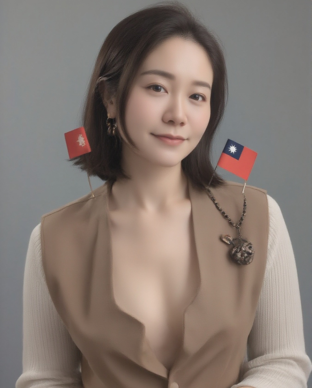 A close-up,  upper-body shot of a beautiful ****** female model with an enhanced normal size,  confidently posing with ele...