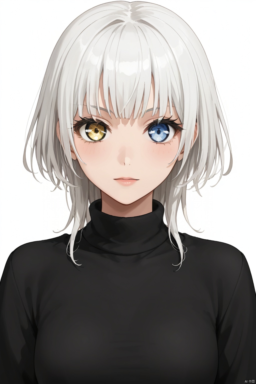 1girl,solo,looking at viewer,simple background,white background,Kaname Raana,heterochromia,white hair,yellow eyes,blue eyes,bangs,bangs