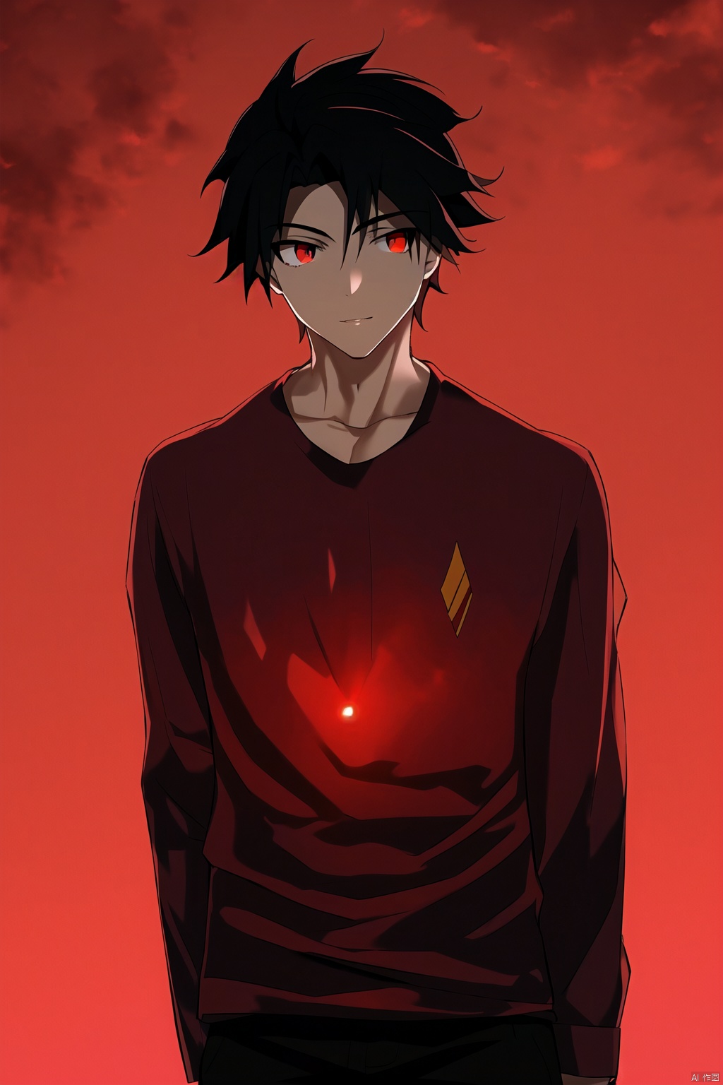 black hair, 1boy, red eyes,shirt