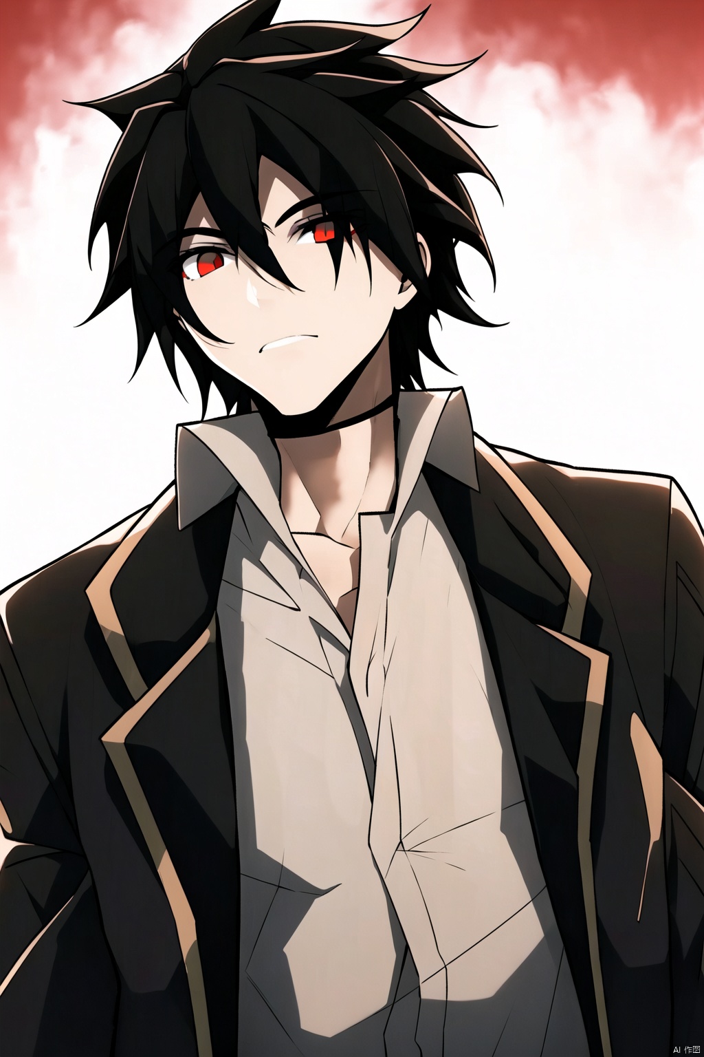 black hair, 1boy, red eyes,shirt