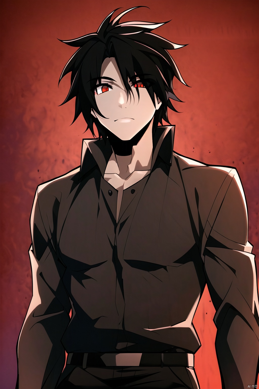 black hair, 1boy, red eyes,shirt