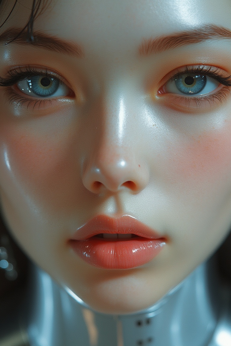 A close-up portrait of a woman's face,  rendered in Hajime Sorayama's signature hyper-realistic style. Her expression is s...