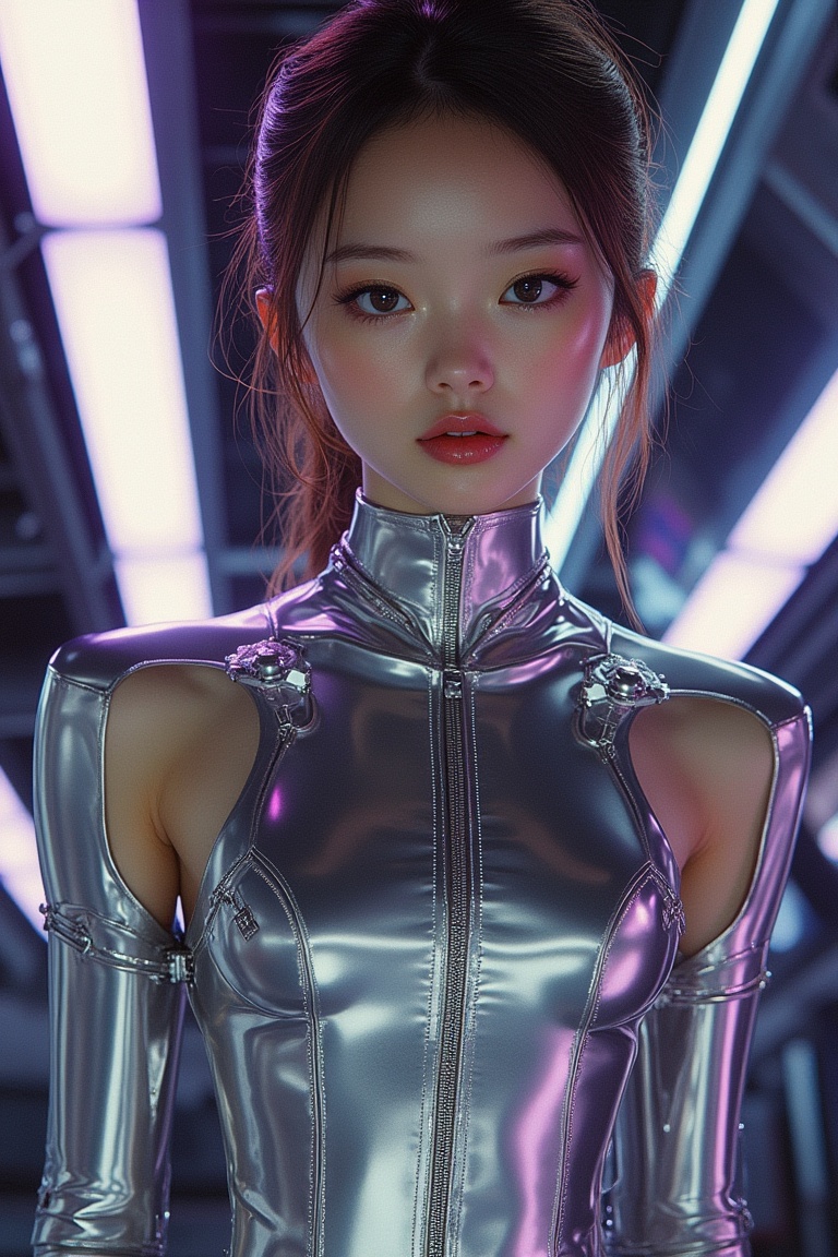 A girl in a sleek,  form-fitting dress,  rendered in Hajime Sorayama's hyper-realistic style. The dress is metallic on Ten...