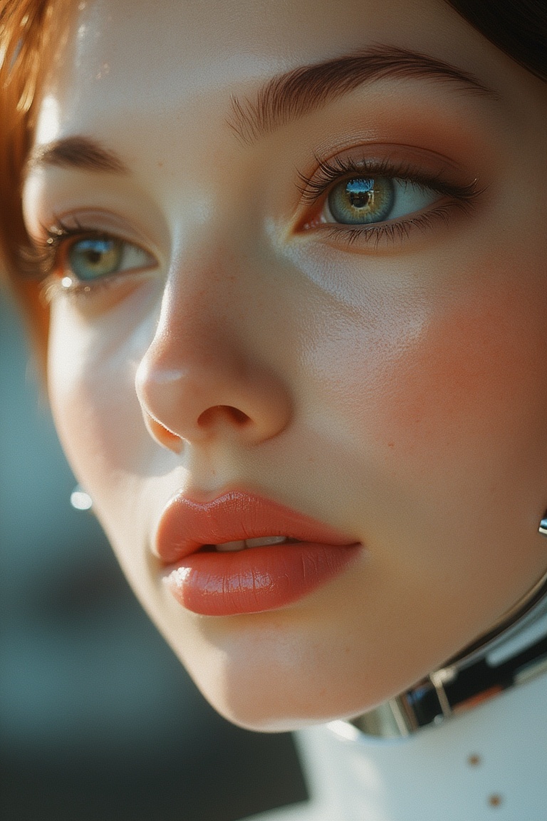 A close-up portrait of a woman's face,  rendered in Hajime Sorayama's signature hyper-realistic style. Her expression is s...