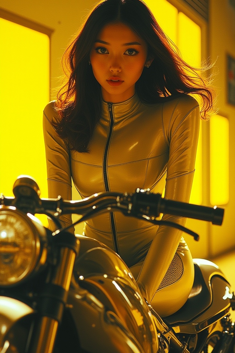 A girl with yellow and black color scheme,  rendered in Hajime Sorayama's hyper-realistic style,  sits confidently on a sl...