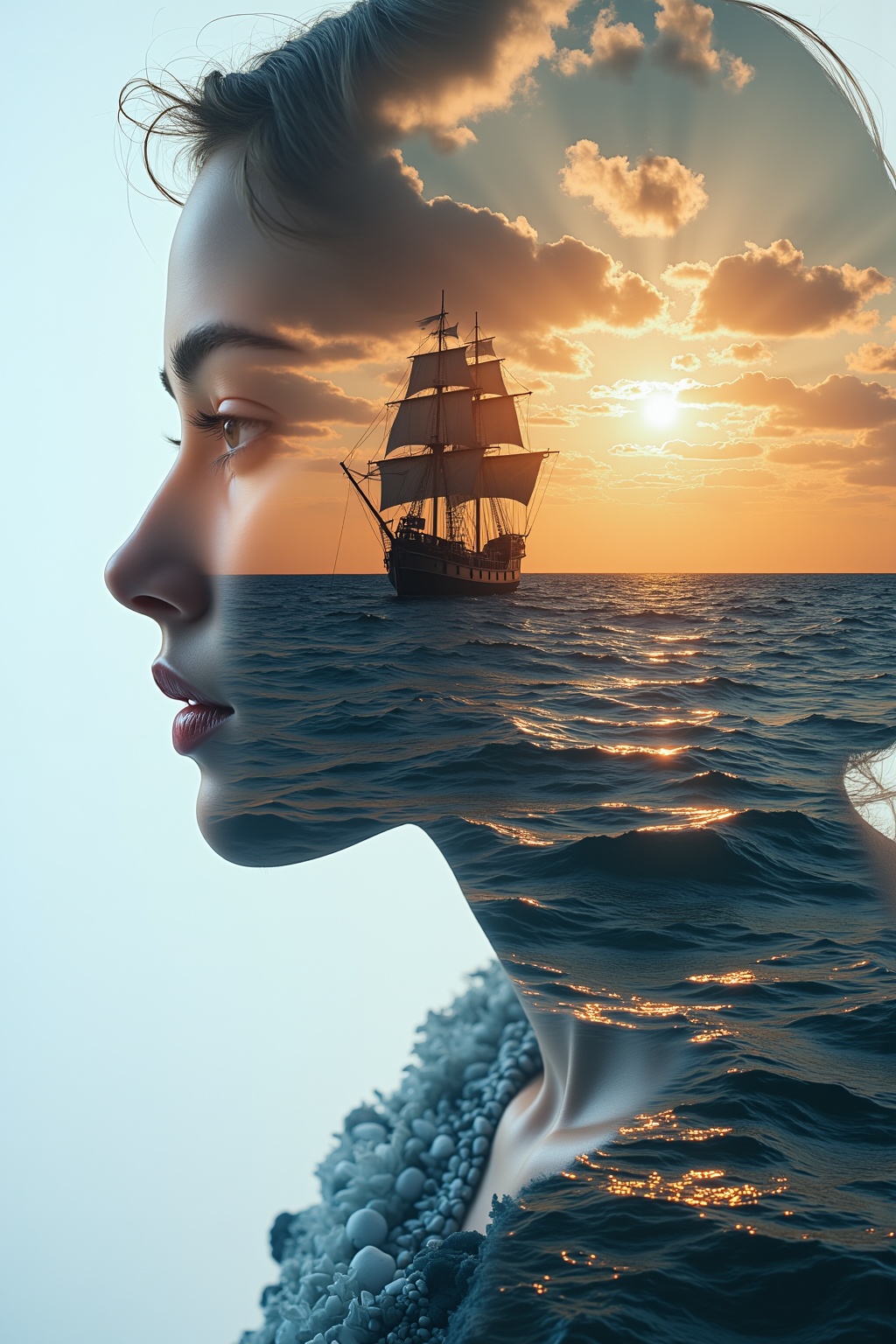 {double exposure of a close-up profile of a woman made out of a seascape with a pirate ship} natural lighting,  ultra-real...