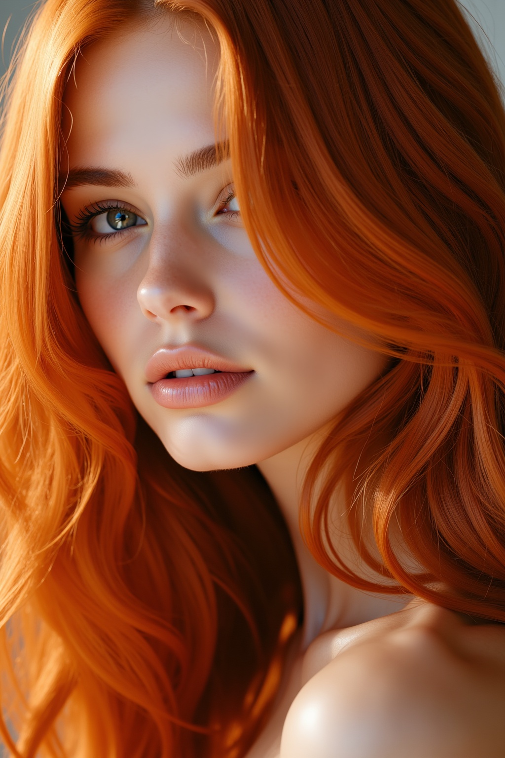 A close-up portrait of a woman with long,  flowing red hair that cascades down her shoulders in soft waves. The vibrant,...