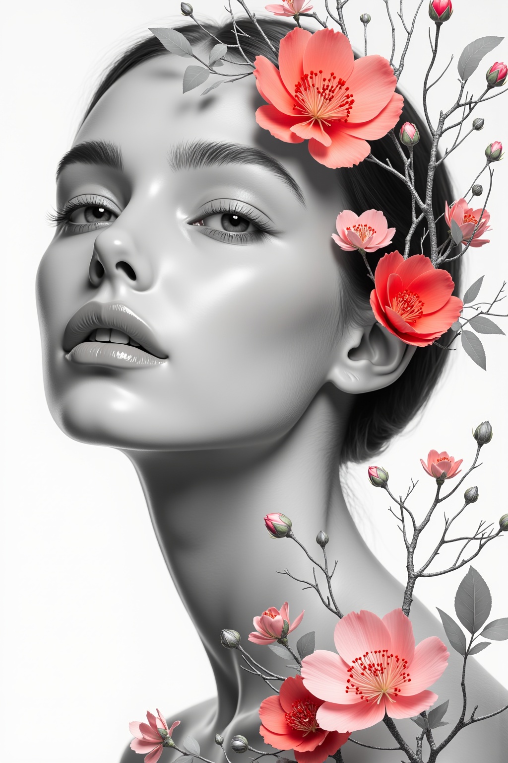 BNR style A serene,  monochromatic female face emerges with smooth,  porcelain-like skin and subtle shading on Tensor.Art