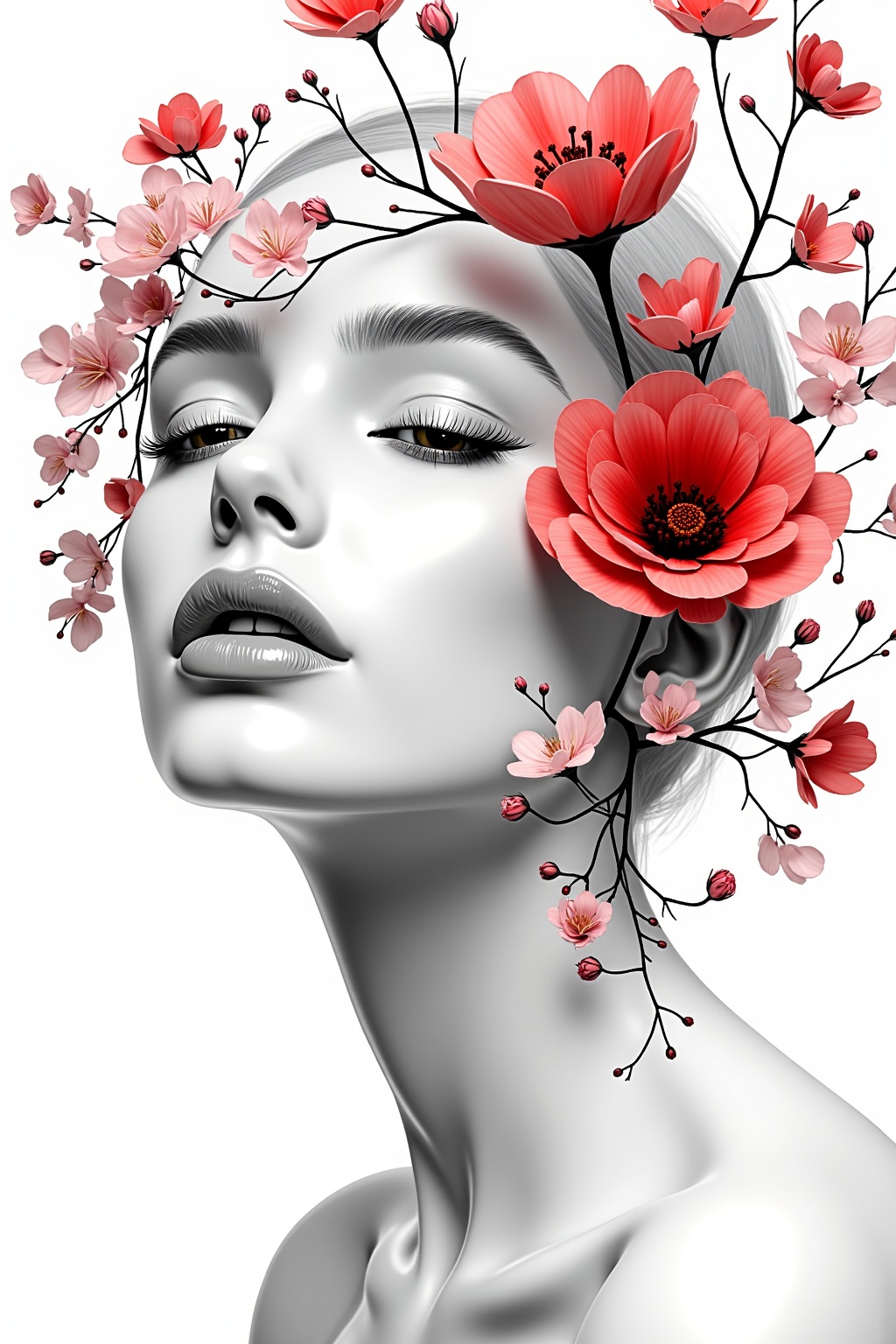 BNR style A serene,  monochromatic female face emerges with smooth,  porcelain-like skin and subtle shading on Tensor.Art