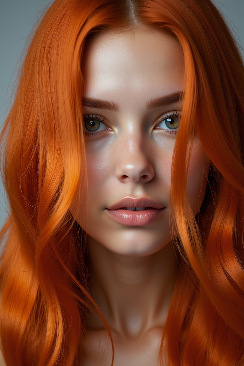 A close-up portrait of a woman with long,  flowing red hair that cascades down her shoulders in soft waves. The vibrant,...