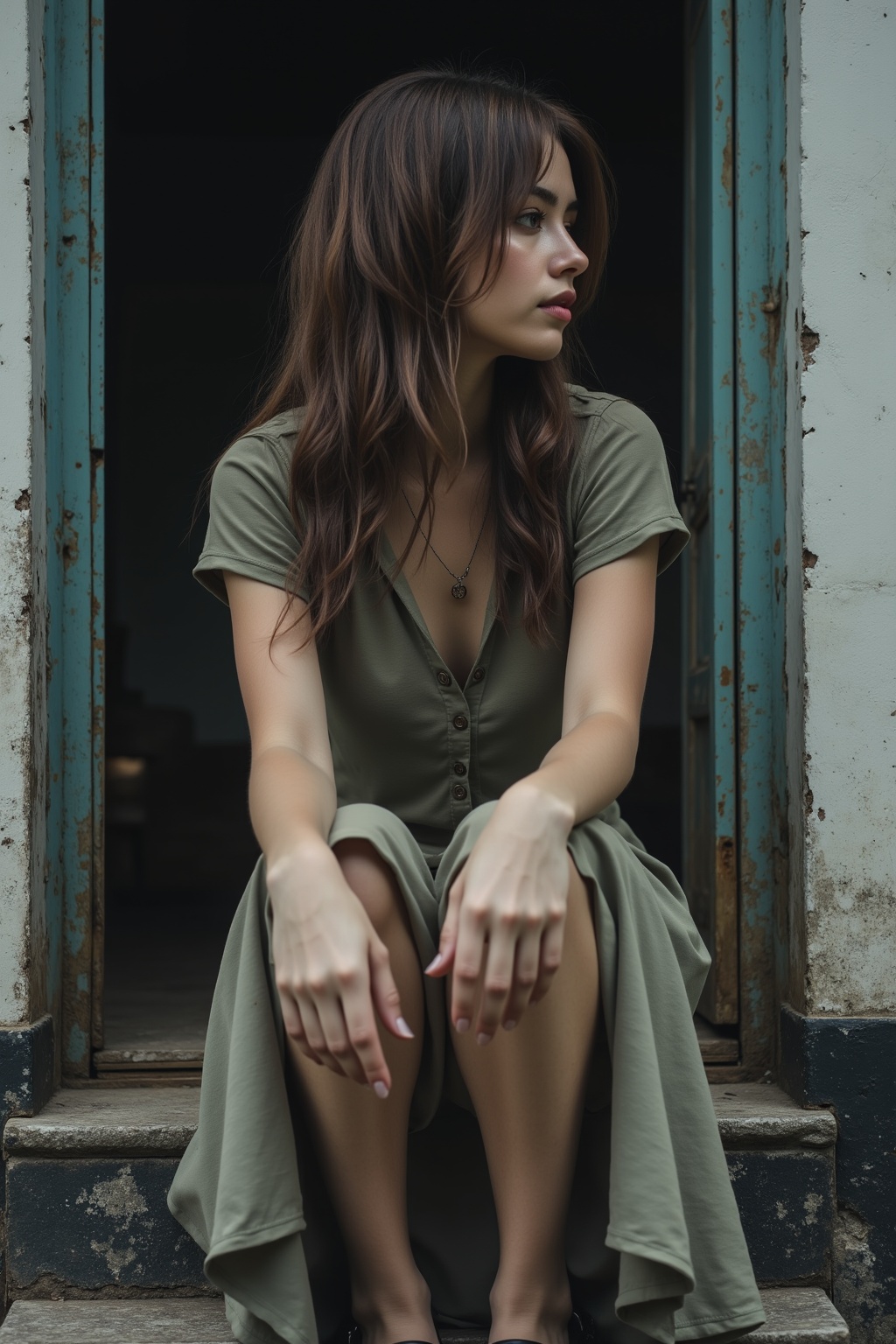 photograph of a woman,  long messy brunette hair,  looking away from the viewer on Tensor.Art