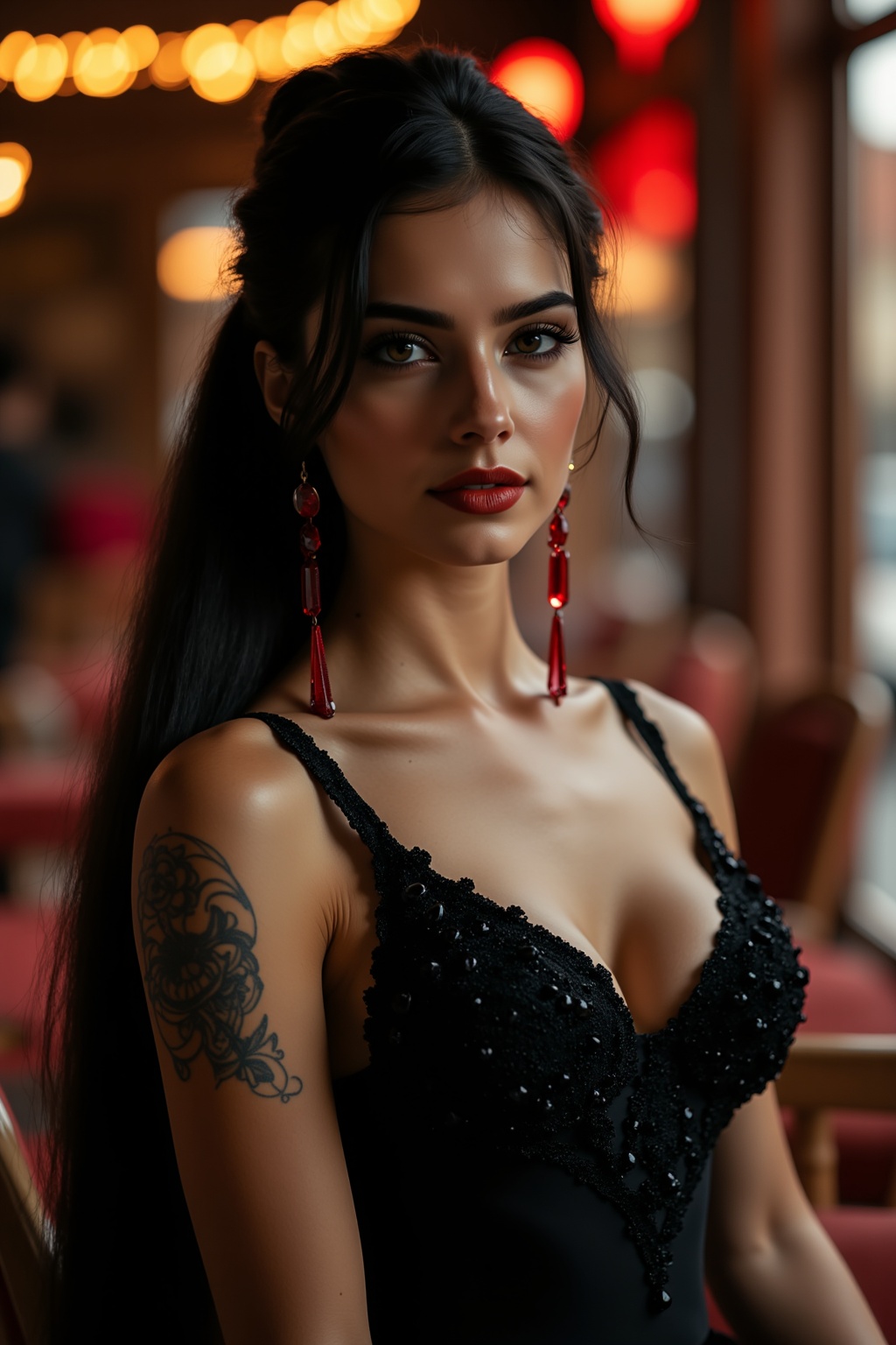 Insanely detailed full body photo of a spanish female tango dancer,  sleek and straight hair,  detailed beautiful face on...