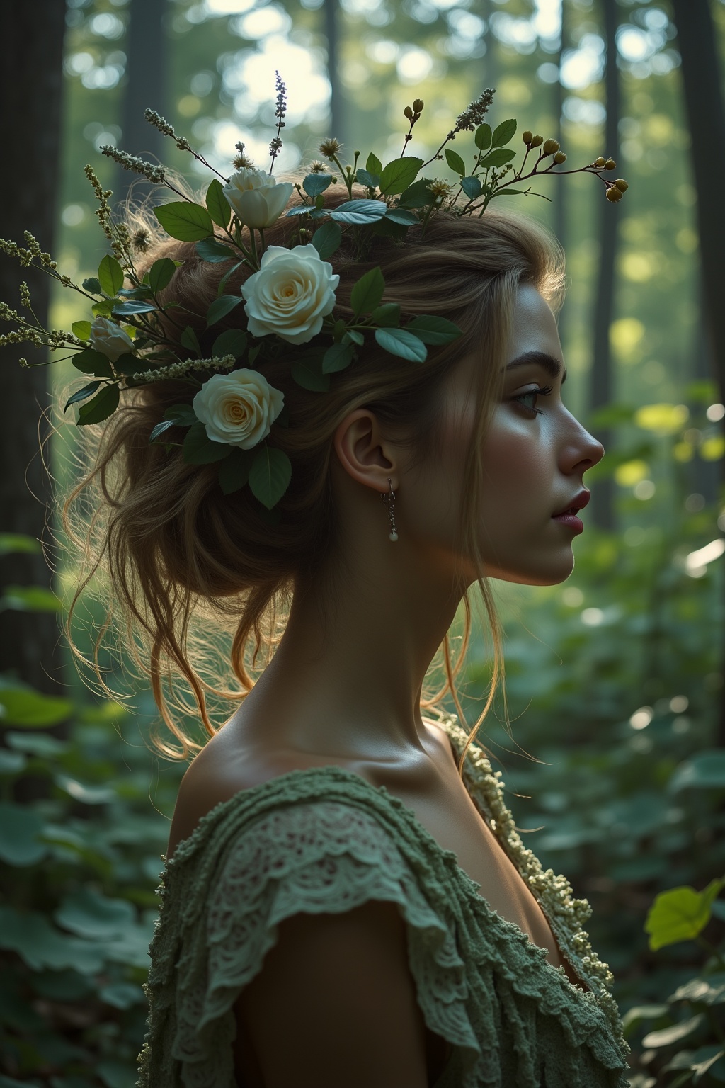 Generate a portrait of a person with an ethereal,  mystical quality,  set in a dense forest. The subject could have flowin...