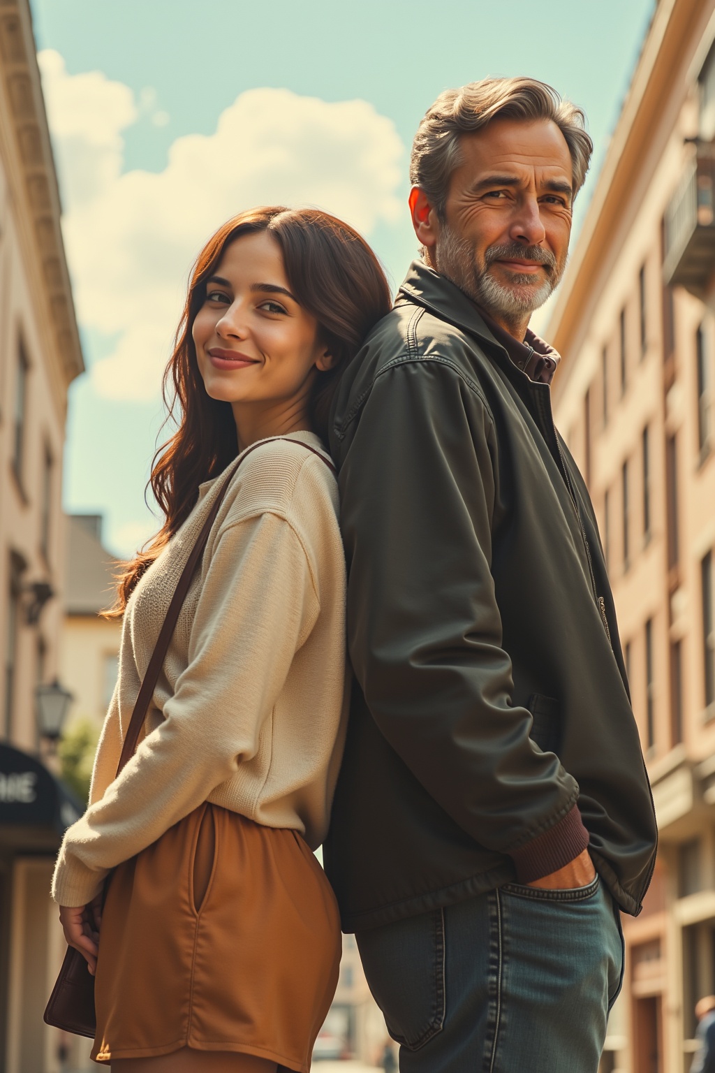 a highly detailed,  intricate romance movie poster featuring a pretty,  young woman and an older man standing back to back...