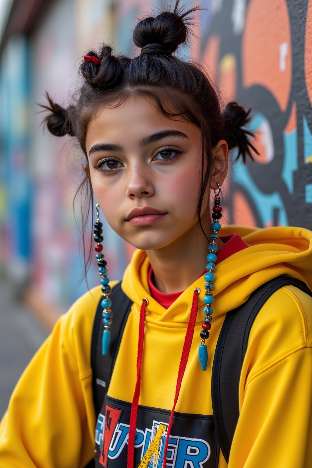 Capture a portrait of a young person with a vibrant,  urban street style. Think bold colors,  unique accessories on Tensor...