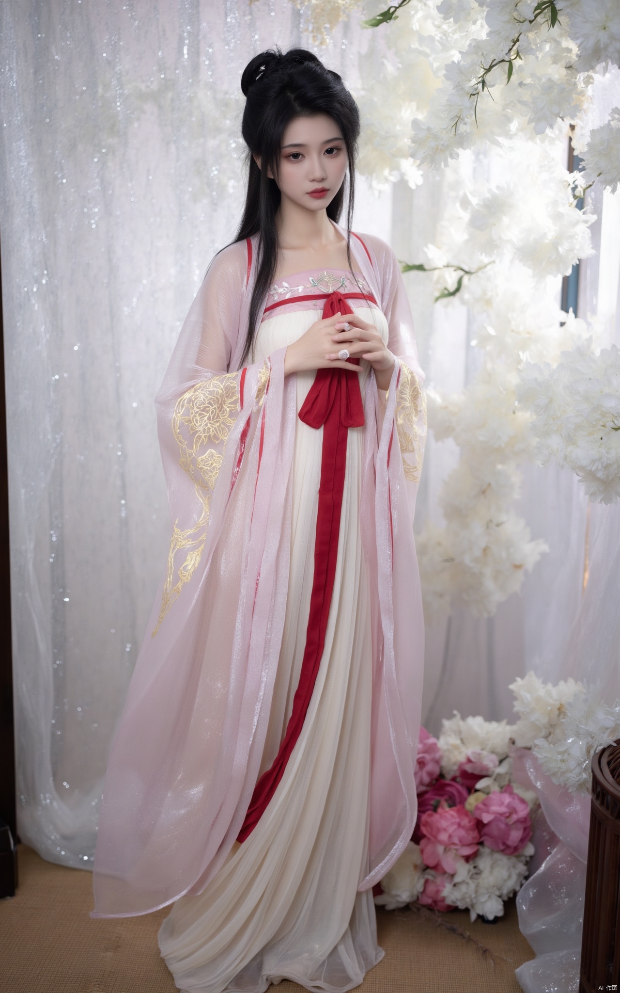 Masterpiece, best quality, high quality,1girl,(huge breasts:1.79)Xlinyuling,Xguxuner,Xmoli,gardens,Xhongying,,(pink lotus flowers:1.29),XThanfu