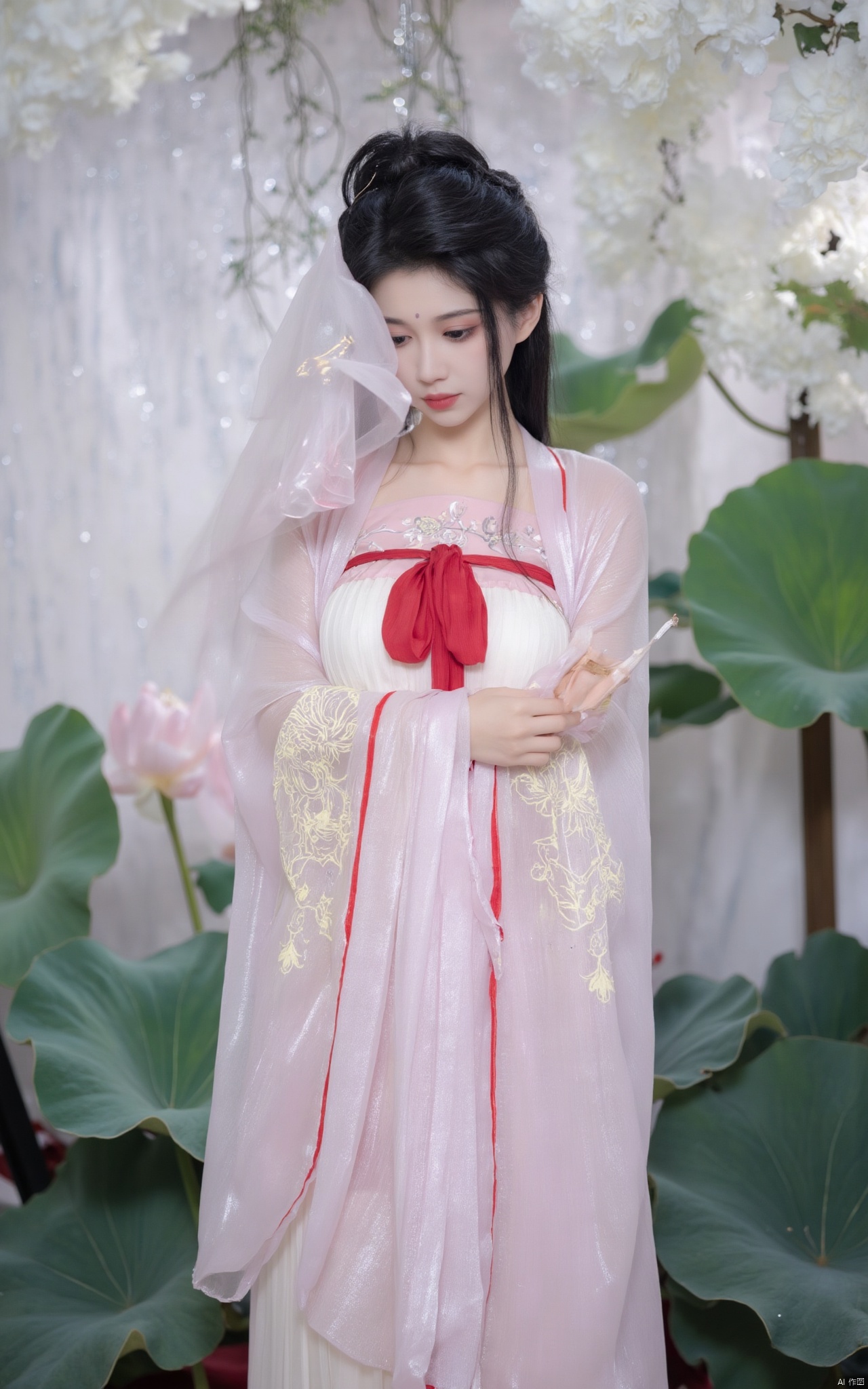 Masterpiece, best quality, high quality,1girl,(huge breasts:1.79)Xlinyuling,Xguxuner,Xmoli,gardens,Xhongying,,(pink lotus flowers:1.29),XThanfu