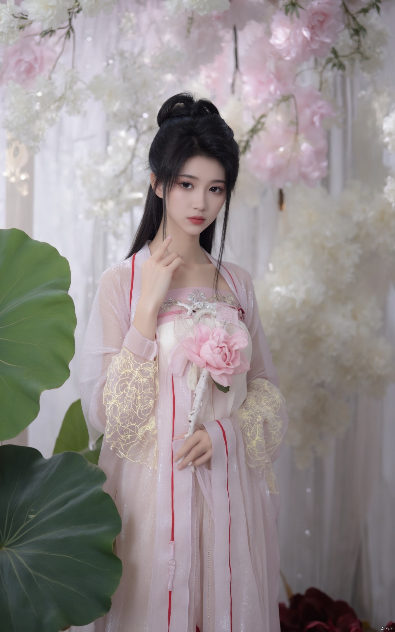Masterpiece, best quality, high quality,1girl,(huge breasts:1.79)Xlinyuling,Xguxuner,Xmoli,gardens,Xhongying,,(pink lotus flowers:1.29),XThanfu