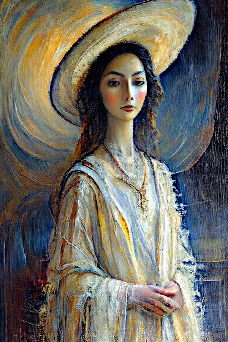 "Create a dramatic,  richly detailed painting in the impressionist style,  depicting a young woman with long on Tensor.Art