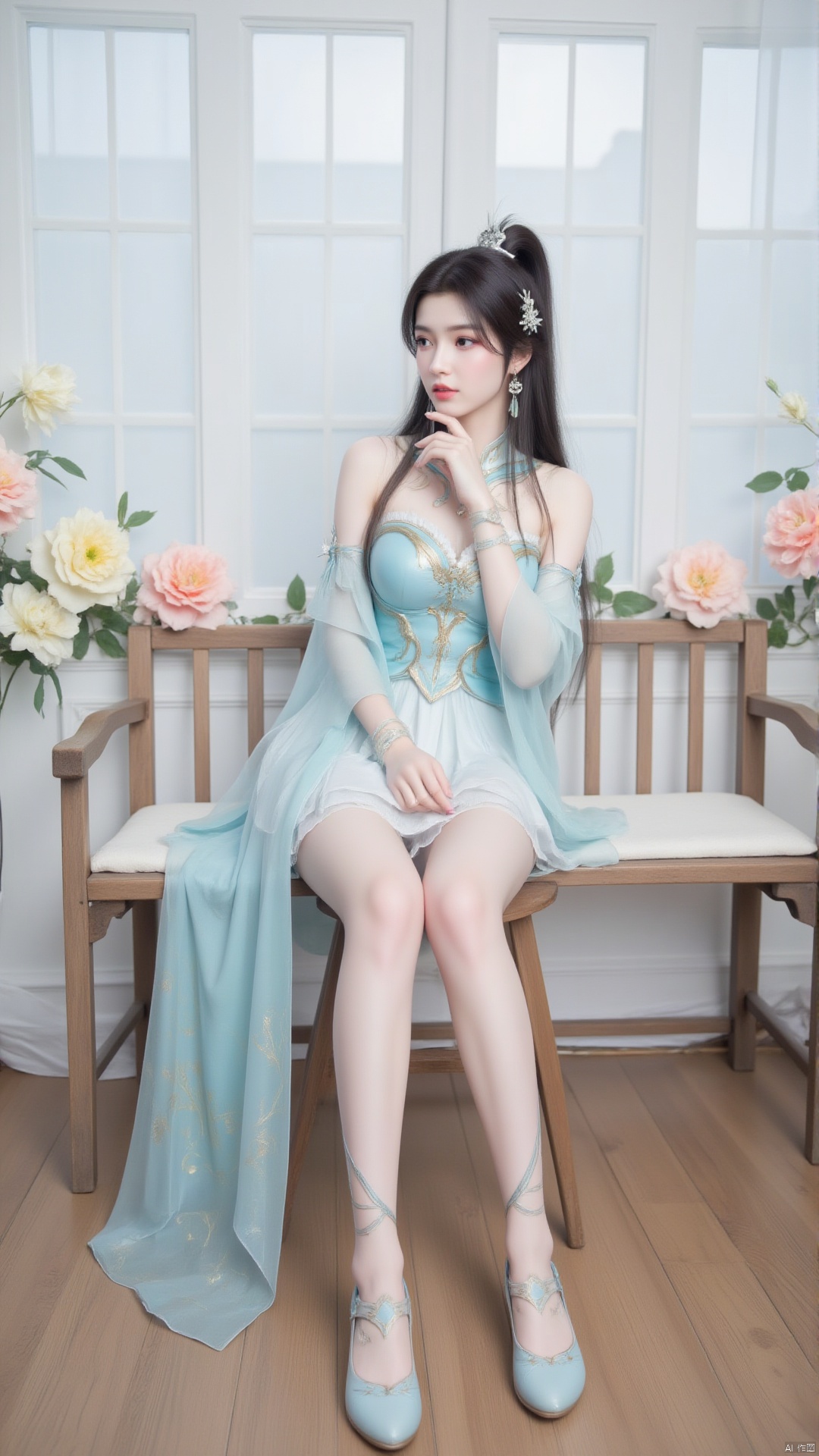 A woman is sitting on a wooden stool, wearing a light blue dress, short skirt, decorated with gold patterns. Her long black hair was adorned with hair accessories, adding a touch of color to the scene. High ponytail, this woman's skirt is draped with a transparent white transparent skirt, highlighting her legs. She was wearing light blue sandals. The bench is located in front of a window, with a white transparent curtain hanging from it, adding a soft glow to her face. The windows are decorated with various flowers, including yellow and pink, adding depth to the composition. The floor under the bench is made of wooden boards, adding texture to the overall composition of the image.,1 girl