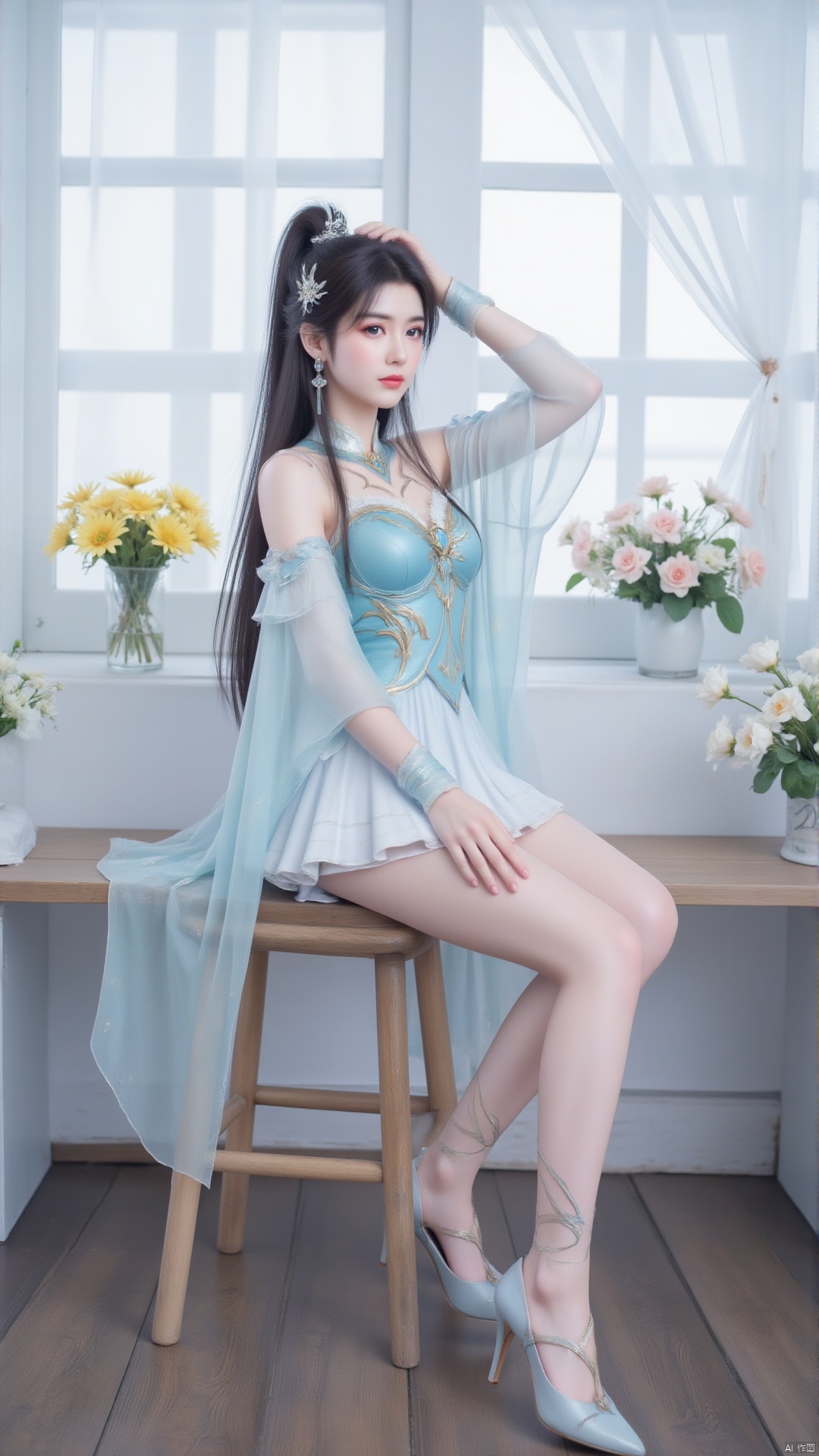 A woman is sitting on a wooden stool, wearing a light blue dress, short skirt, decorated with gold patterns. Her long black hair was adorned with hair accessories, adding a touch of color to the scene. High ponytail, this woman's skirt is draped with a transparent white transparent skirt, highlighting her legs. She was wearing light blue sandals. The bench is located in front of a window, with a white transparent curtain hanging from it, adding a soft glow to her face. The windows are decorated with various flowers, including yellow and pink, adding depth to the composition. The floor under the bench is made of wooden boards, adding texture to the overall composition of the image.,1 girl