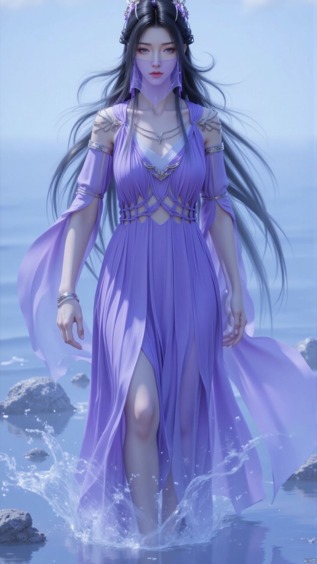 A woman with long black hair, wearing a purple dress, a silver bracelet, and a gold necklace. She wore hair accessories on her head and a purple veil on her face, adding a touch of radiance to her clothes. Her eyes were a dazzling blue, and her hair was scattered over her shoulders. She stood in front of a water surface, splashing water in all directions. The background is light blue, and several rocks can be seen in the water.,1 girl