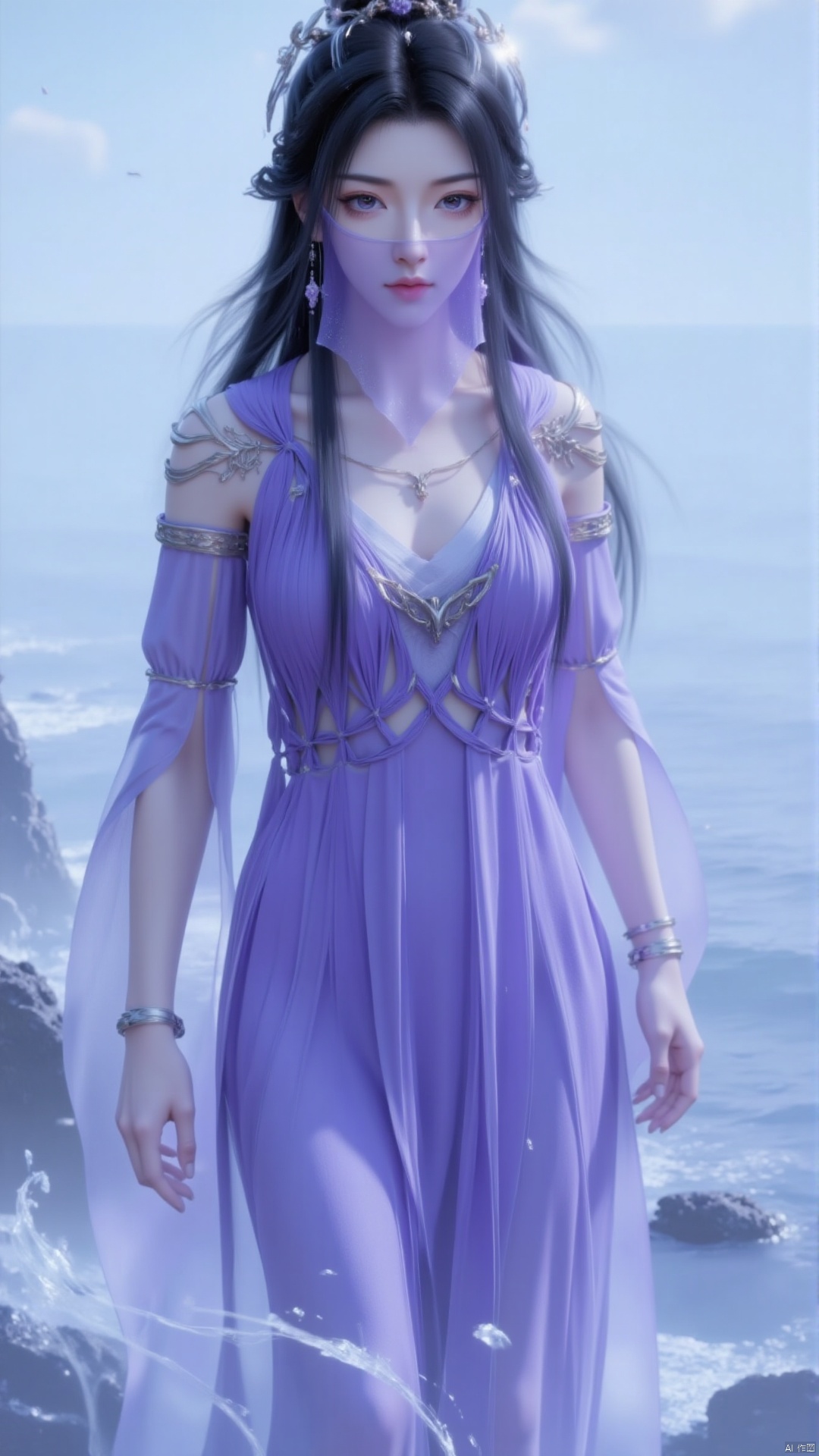 A woman with long black hair, wearing a purple dress, a silver bracelet, and a gold necklace. She wore hair accessories on her head and a purple veil on her face, adding a touch of radiance to her clothes. Her eyes were a dazzling blue, and her hair was scattered over her shoulders. She stood in front of a water surface, splashing water in all directions. The background is light blue, and several rocks can be seen in the water.,1 girl