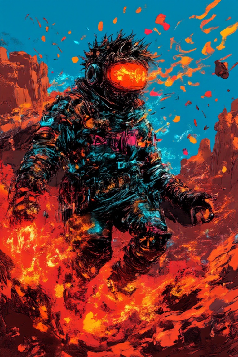 Martian Manhunter's crystalline pop essence glows amidst a kaleidoscope of neon hues,  suspended above a vast canyon with...
