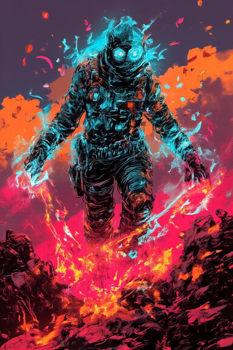 Martian Manhunter's crystalline pop essence glows amidst a kaleidoscope of neon hues,  suspended above a vast canyon with...