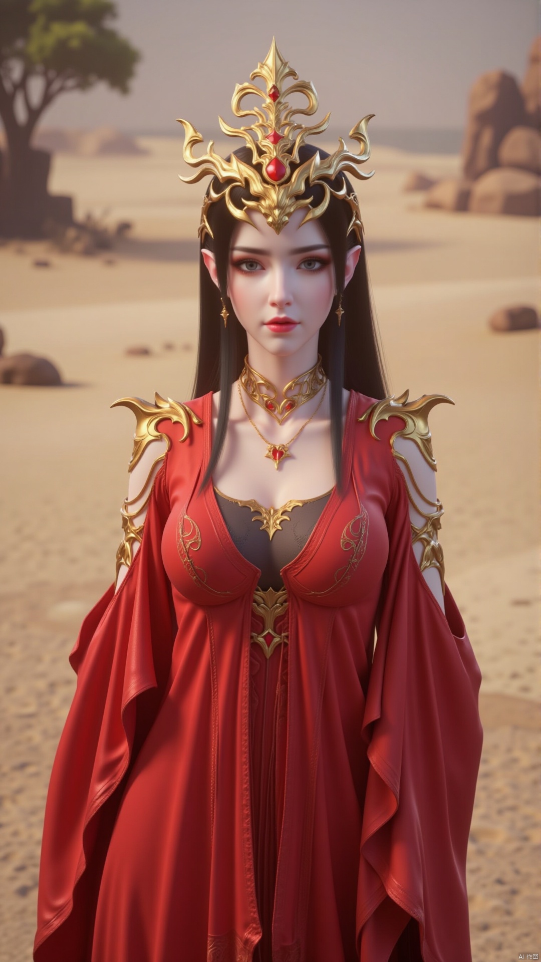 a 3D rendering of a Chinese woman stands in a desert-like setting. She is dressed in a flowing red robe adorned with gold accents, adorned with a gold crown on her head. Her long black hair cascades over her shoulders, framing her face. She's wearing a gold necklace and earrings, adding a touch of contrast to her outfit. The backdrop is a sandy sandy beach, with a few rocks and a tree in the distance.,1 girl