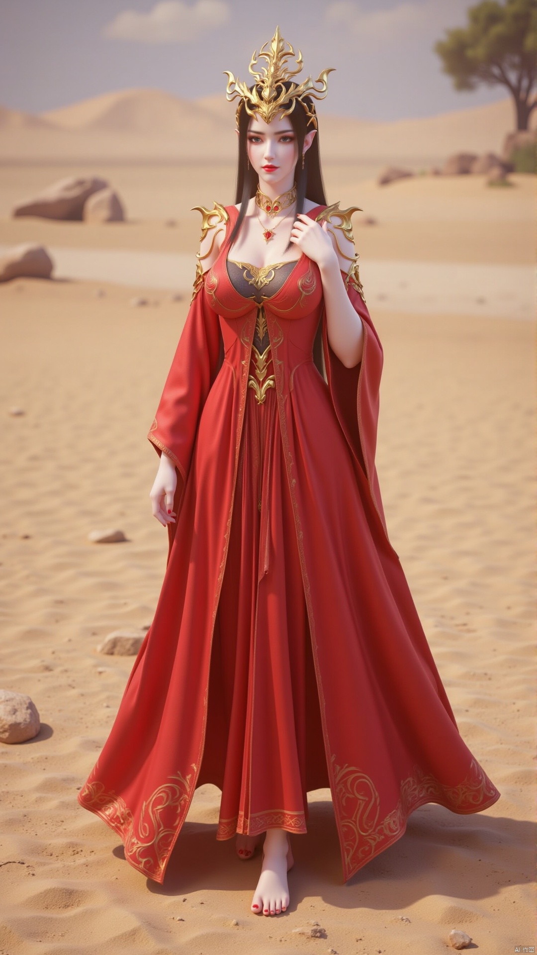 a 3D rendering of a Chinese woman stands in a desert-like setting. She is dressed in a flowing red robe adorned with gold accents, adorned with a gold crown on her head. Her long black hair cascades over her shoulders, framing her face. She's wearing a gold necklace and earrings, adding a touch of contrast to her outfit. The backdrop is a sandy sandy beach, with a few rocks and a tree in the distance.,1 girl