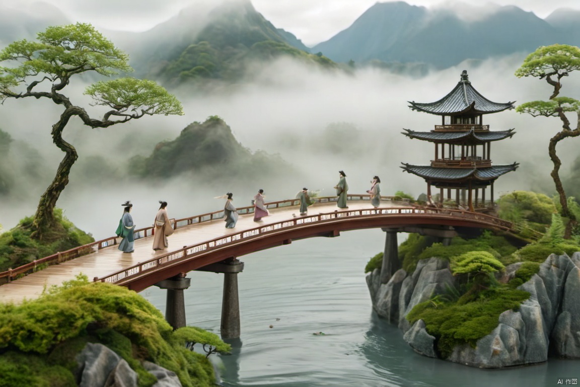Captured from a high-angle perspective on a cloudy day, a Japanese bridge crosses over a body of water. The bridge is adorned with a few people walking on it, their arms stretched out in front of them. To the right of the bridge, a pagoda-like structure is visible. The pagoda is surrounded by lush green trees and rocks. In the background, a mountain range can be seen. The sky is covered in a thick fog, adding a touch of mystery to the scene.,Micro landscape,Ancient style scene