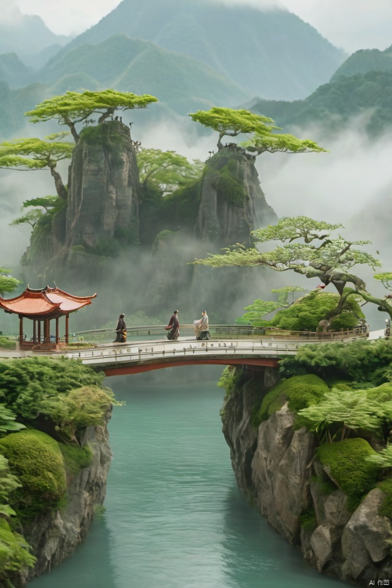 Captured from a high-angle perspective on a cloudy day, a Japanese bridge crosses over a body of water. The bridge is adorned with a few people walking on it, their arms stretched out in front of them. To the right of the bridge, a pagoda-like structure is visible. The pagoda is surrounded by lush green trees and rocks. In the background, a mountain range can be seen. The sky is covered in a thick fog, adding a touch of mystery to the scene.,Micro landscape,Ancient style scene