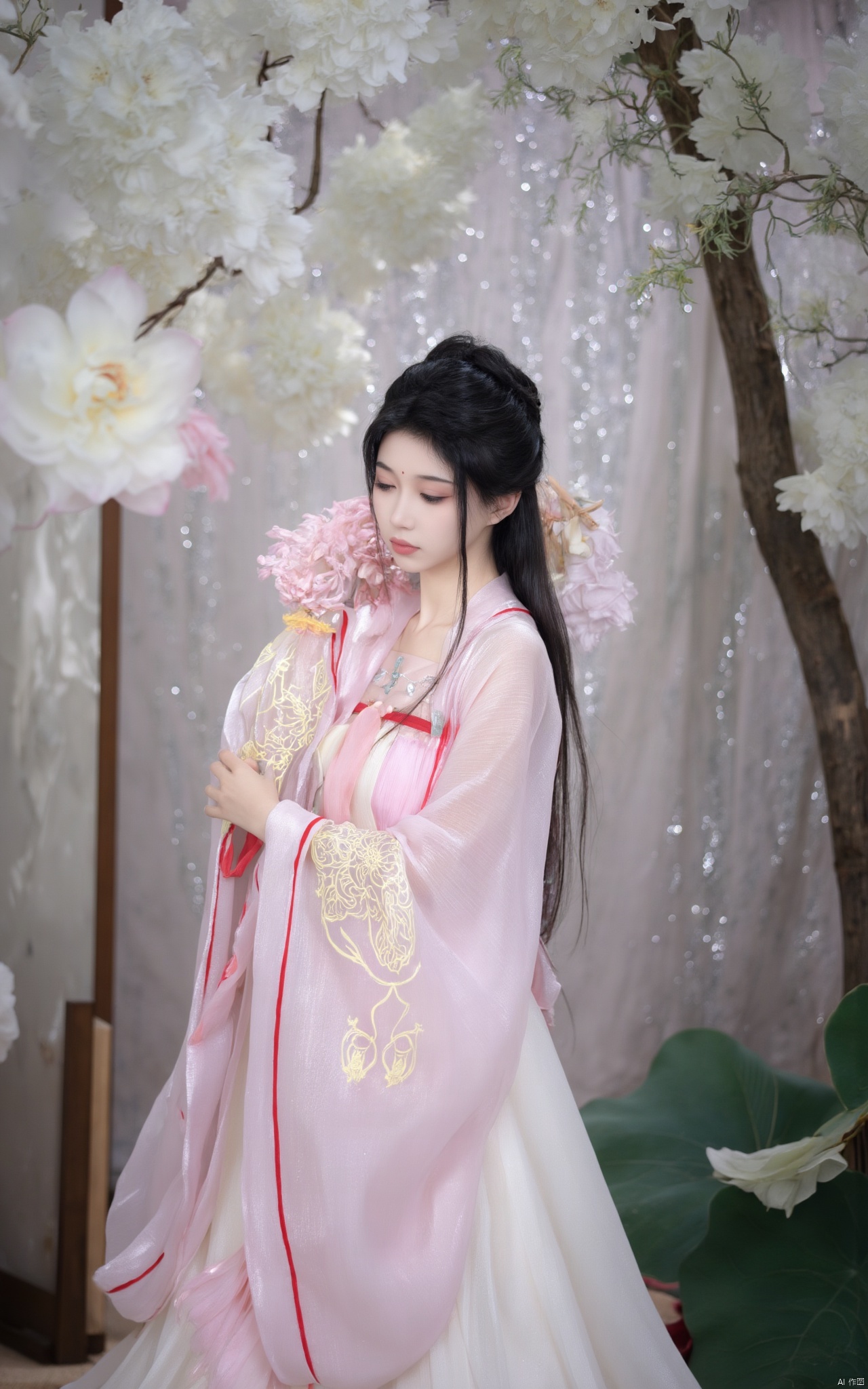 Masterpiece, best quality, high quality,1girl,(huge breasts:1.79)Xlinyuling,Xguxuner,Xmoli,gardens,Xhongying,,(pink lotus flowers:1.29),XThanfu