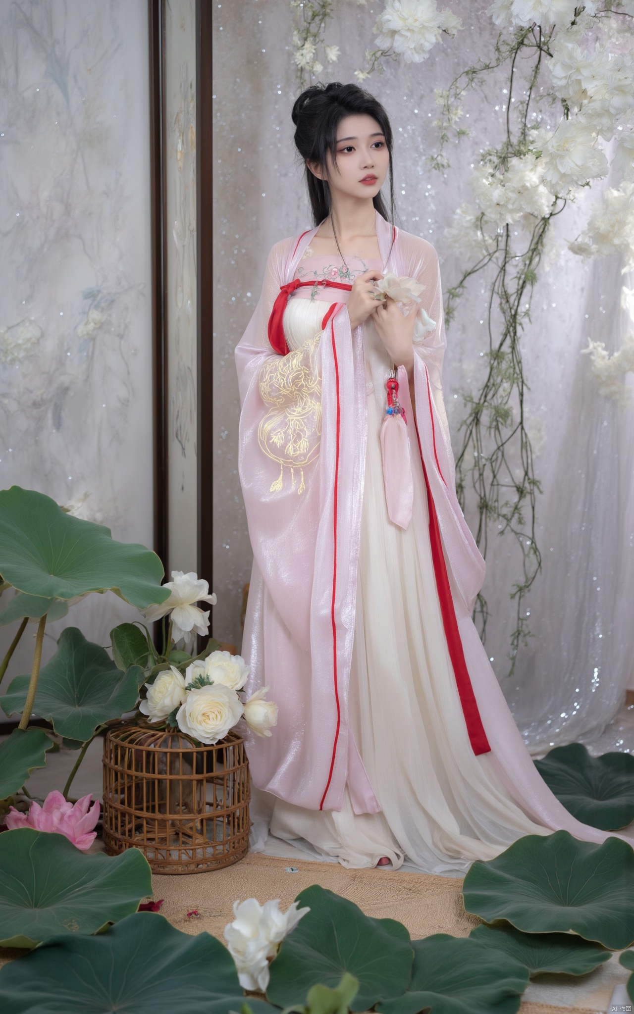 Masterpiece, best quality, high quality,1girl,(huge breasts:1.79)Xlinyuling,Xguxuner,Xmoli,gardens,Xhongying,,(pink lotus flowers:1.29),XThanfu