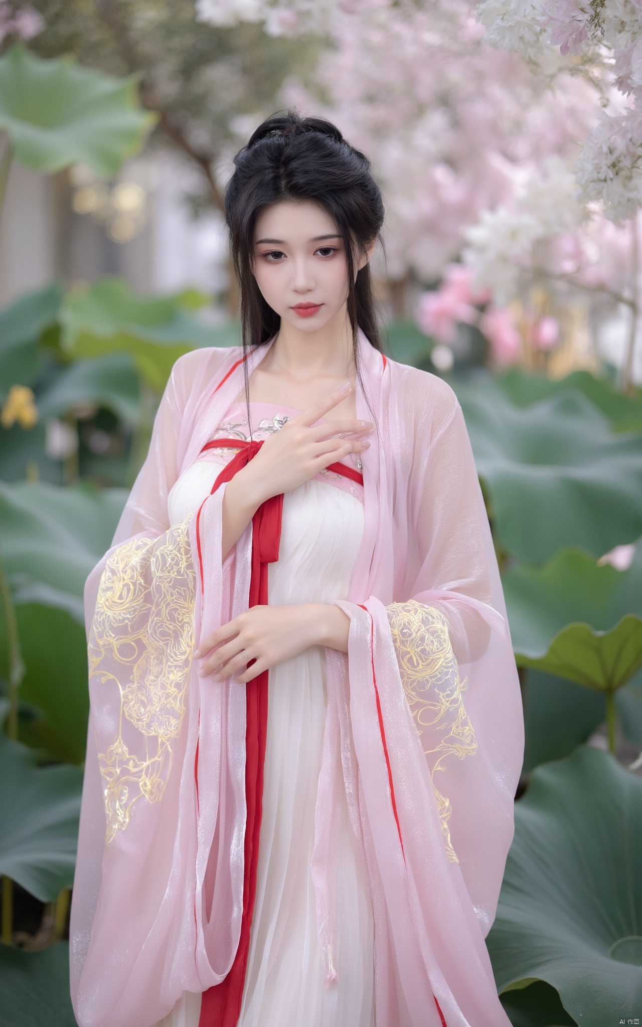 Masterpiece, best quality, high quality,1girl,(huge breasts:1.79)Xlinyuling,Xguxuner,Xmoli,gardens,Xhongying,,(pink lotus flowers:1.29),XThanfu