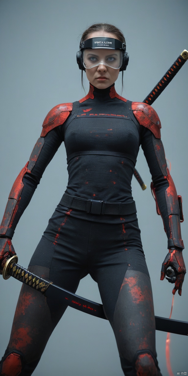 A female warrior in traditional Eastern combat attire, holding a katana with readiness for battle. Her face is half organic and half mechanical, showcasing a blend of nature and technology. Her body has been extensively modified with intricate mechanical enhancements that augment her strength and agility. The composition of this picture is tight and focused on the character's face and upper torso, emphasizing her striking facial transformation and her combat-ready stance. The perspective structure is close-up, capturing the detail and tension in her expression as she prepares for battle. Her eyes are intense and alert, one organic eye contrasting with a mechanical visor that houses advanced sensors. Her skin shows patches of metal and wiring beneath glowing veins, highlighting the seamless integration of human biology and technological augmentation. The katana she holds is sharp and gleaming, reflecting faint light to accentuate its deadly purpose. The background fades into darkness, drawing attention solely to her and emphasizing a sense of isolation and readiness. Colors are predominantly dark with hints of metallic silver and deep crimson, creating a moody atmosphere that underscores the warrior's determination and inner conflict between nature and machine. This image is painted in a hyper-realistic style with elements of cyberpunk aesthetics, blending classical Eastern artistry with futuristic technology. The lighting is dramatic, casting sharp shadows to highlight her mechanical enhancements and adding depth to the composition. Emotionally, this piece conveys strength, resilience, and the struggle between humanity and technological advancement.