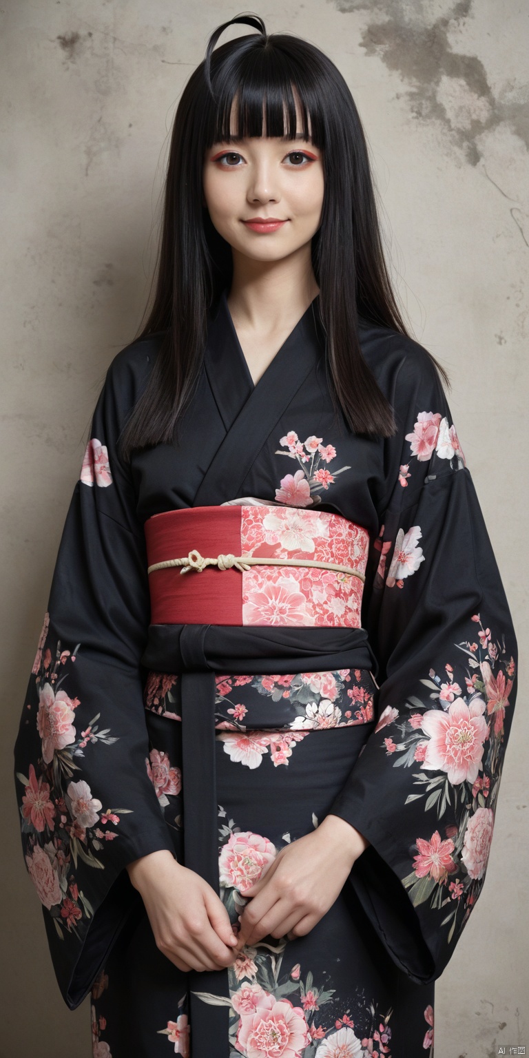 realistic, Hyper realistic, real skin, real eyes, 1girl, ahoge, black hair, black shirt, blunt bangs, closed mouth, expressionless, floral print, holding, japanese clothes, lipstick, long hair, looking at viewer, makeup, obi, obiage, pink and white kimono, sash, shadow, shirt, smile, solo, very long hair, wide sleeves,