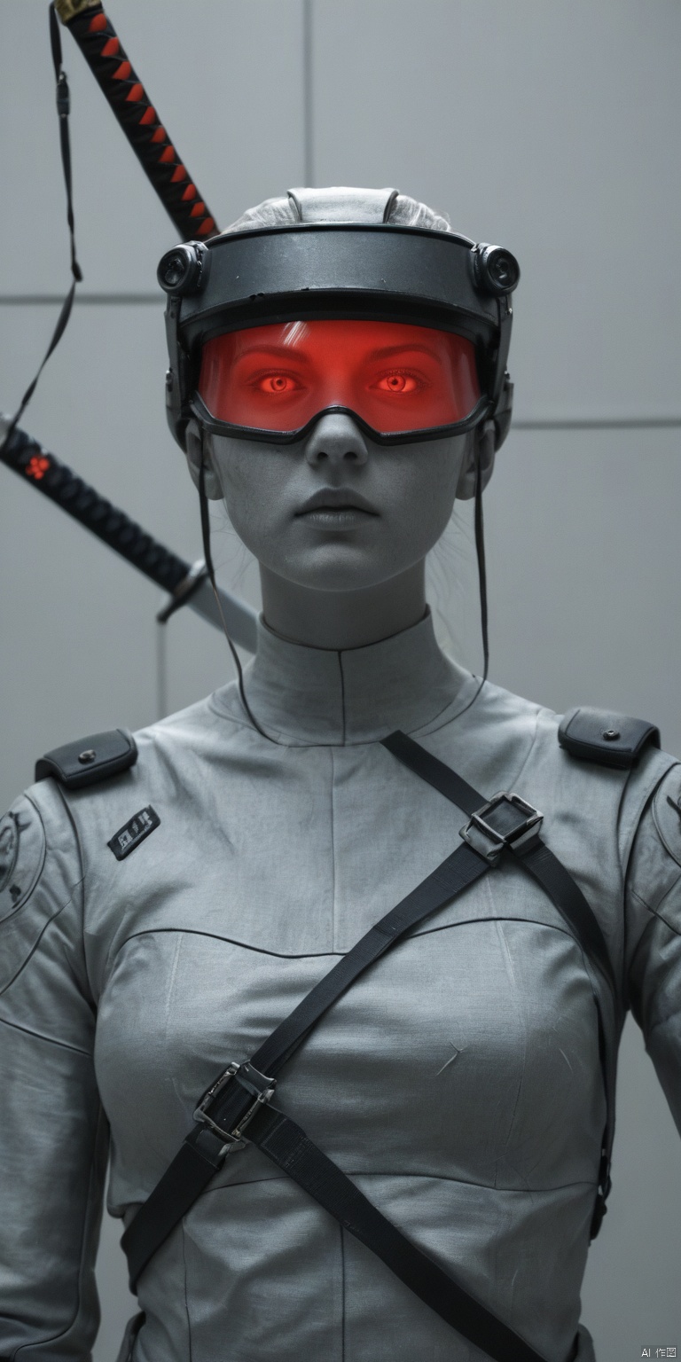 A female warrior in traditional Eastern combat attire, holding a katana with readiness for battle. Her face is half organic and half mechanical, showcasing a blend of nature and technology. Her body has been extensively modified with intricate mechanical enhancements that augment her strength and agility. The composition of this picture is tight and focused on the character's face and upper torso, emphasizing her striking facial transformation and her combat-ready stance. The perspective structure is close-up, capturing the detail and tension in her expression as she prepares for battle. Her eyes are intense and alert, one organic eye contrasting with a mechanical visor that houses advanced sensors. Her skin shows patches of metal and wiring beneath glowing veins, highlighting the seamless integration of human biology and technological augmentation. The katana she holds is sharp and gleaming, reflecting faint light to accentuate its deadly purpose. The background fades into darkness, drawing attention solely to her and emphasizing a sense of isolation and readiness. Colors are predominantly dark with hints of metallic silver and deep crimson, creating a moody atmosphere that underscores the warrior's determination and inner conflict between nature and machine. This image is painted in a hyper-realistic style with elements of cyberpunk aesthetics, blending classical Eastern artistry with futuristic technology. The lighting is dramatic, casting sharp shadows to highlight her mechanical enhancements and adding depth to the composition. Emotionally, this piece conveys strength, resilience, and the struggle between humanity and technological advancement.