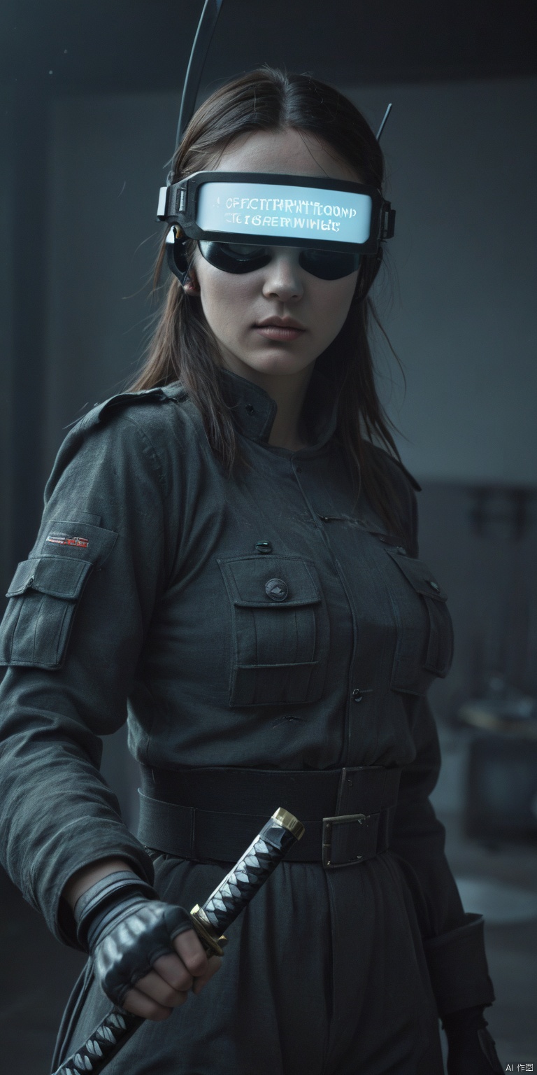 A female warrior in traditional Eastern combat attire, holding a katana with readiness for battle. Her face is half organic and half mechanical, showcasing a blend of nature and technology. Her body has been extensively modified with intricate mechanical enhancements that augment her strength and agility. The composition of this picture is tight and focused on the character's face and upper torso, emphasizing her striking facial transformation and her combat-ready stance. The perspective structure is close-up, capturing the detail and tension in her expression as she prepares for battle. Her eyes are intense and alert, one organic eye contrasting with a mechanical visor that houses advanced sensors. Her skin shows patches of metal and wiring beneath glowing veins, highlighting the seamless integration of human biology and technological augmentation. The katana she holds is sharp and gleaming, reflecting faint light to accentuate its deadly purpose. The background fades into darkness, drawing attention solely to her and emphasizing a sense of isolation and readiness. Colors are predominantly dark with hints of metallic silver and deep crimson, creating a moody atmosphere that underscores the warrior's determination and inner conflict between nature and machine. This image is painted in a hyper-realistic style with elements of cyberpunk aesthetics, blending classical Eastern artistry with futuristic technology. The lighting is dramatic, casting sharp shadows to highlight her mechanical enhancements and adding depth to the composition. Emotionally, this piece conveys strength, resilience, and the struggle between humanity and technological advancement.