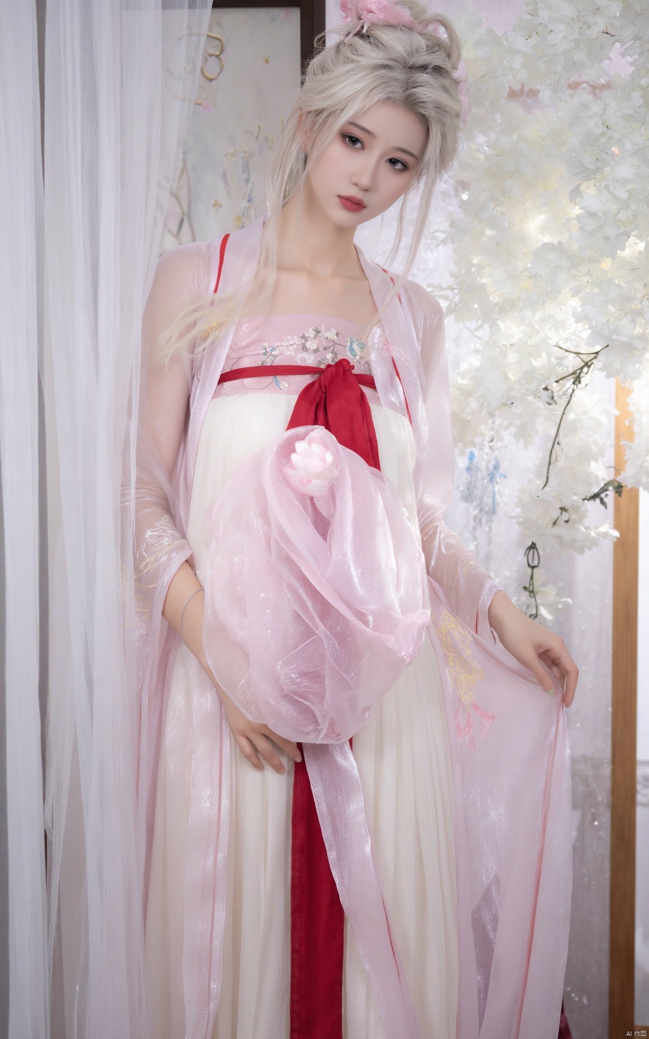 Masterpiece, best quality, high quality,1girl,(huge breasts:1.79)Xlinyuling,Xguxuner,Xmoli,gardens,Xhongying,,(pink lotus flowers:1.29),XThanfu