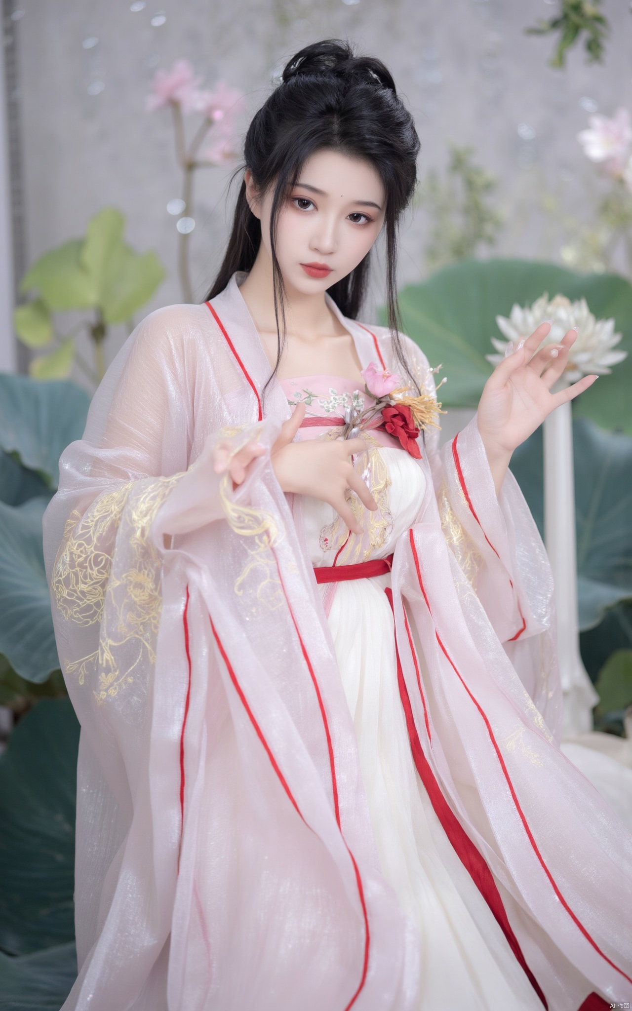 Masterpiece, best quality, high quality,1girl,(huge breasts:1.79)Xlinyuling,Xguxuner,Xmoli,gardens,Xhongying,,(pink lotus flowers:1.29),XThanfu