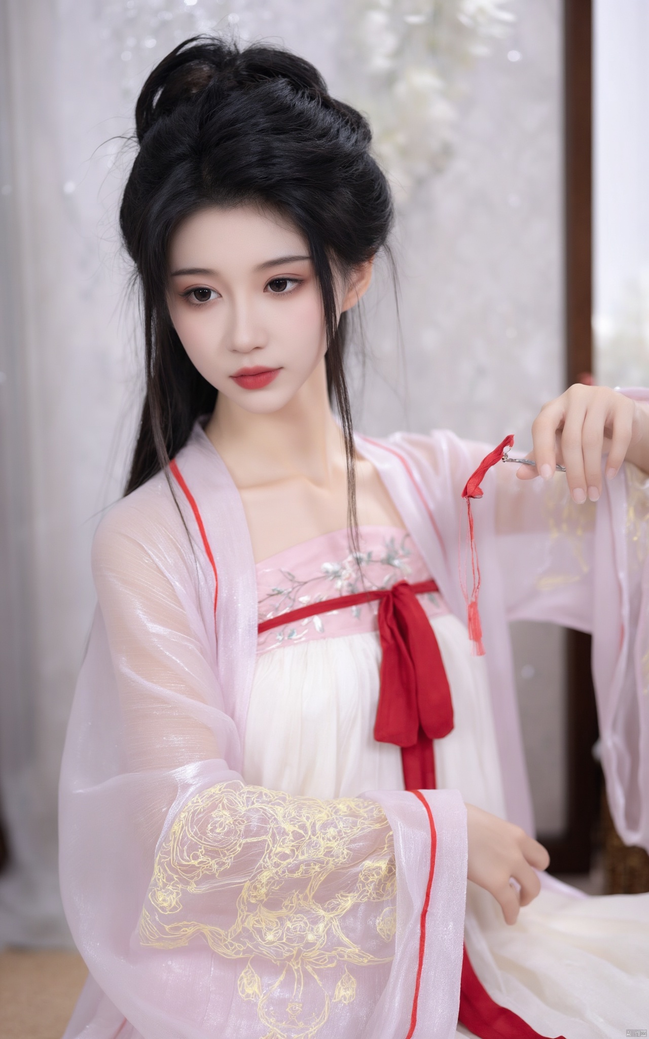 Masterpiece, best quality, high quality,1girl,(huge breasts:1.79)Xlinyuling,Xguxuner,Xmoli,gardens,Xhongying,,(pink lotus flowers:1.29),XThanfu